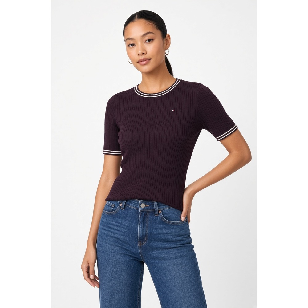 Tommy Hilfiger Wommen Cable Knit ShortSleeve Sweater Merlot Braided Ringer Crew